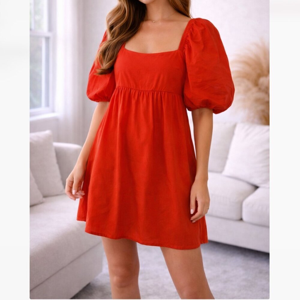 Lumiere Medium Bright Red Babydoll Puff Sleeve Dress